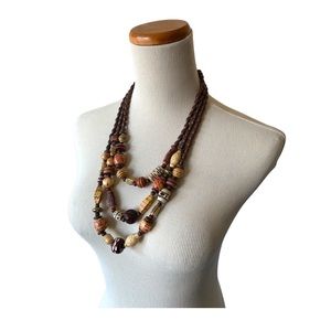 Chunky dark wooden bead three strand necklace probably handmade